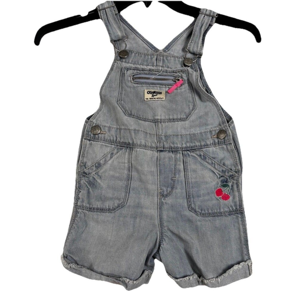 Vintage OshKosh B’gosh Girls 3T Denim Shortalls Cherry Embroidered OverallShorts